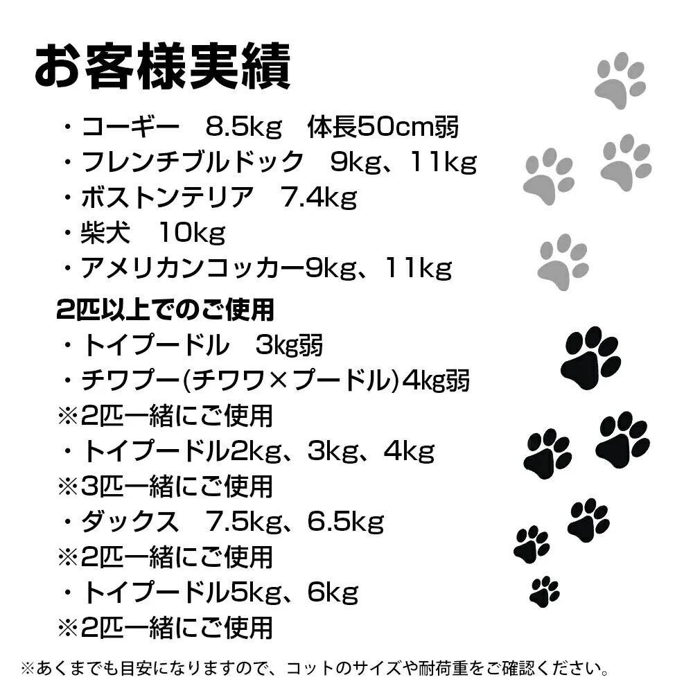 お客様実績：（1匹以上でのご使用）コーギー8.5kg 50cm、フレンチブルドック9kg 11kg、ボストンテリア7.4kg、柴犬10kg、アメリカンコッカー9kg 11kg。（2匹以上でのご使用）トイプードル3kg、チワプー4kg、トイプードル2kg 3kg 4kg、ダックス7.5kg 6.5kg、トイプードル5kg 6kg